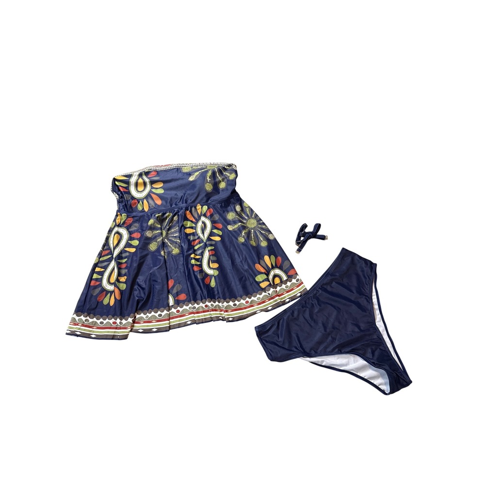 Navy Blue Paisley Floral Print Swim Dress Two Piece Bikini Set 1XL D1987-52